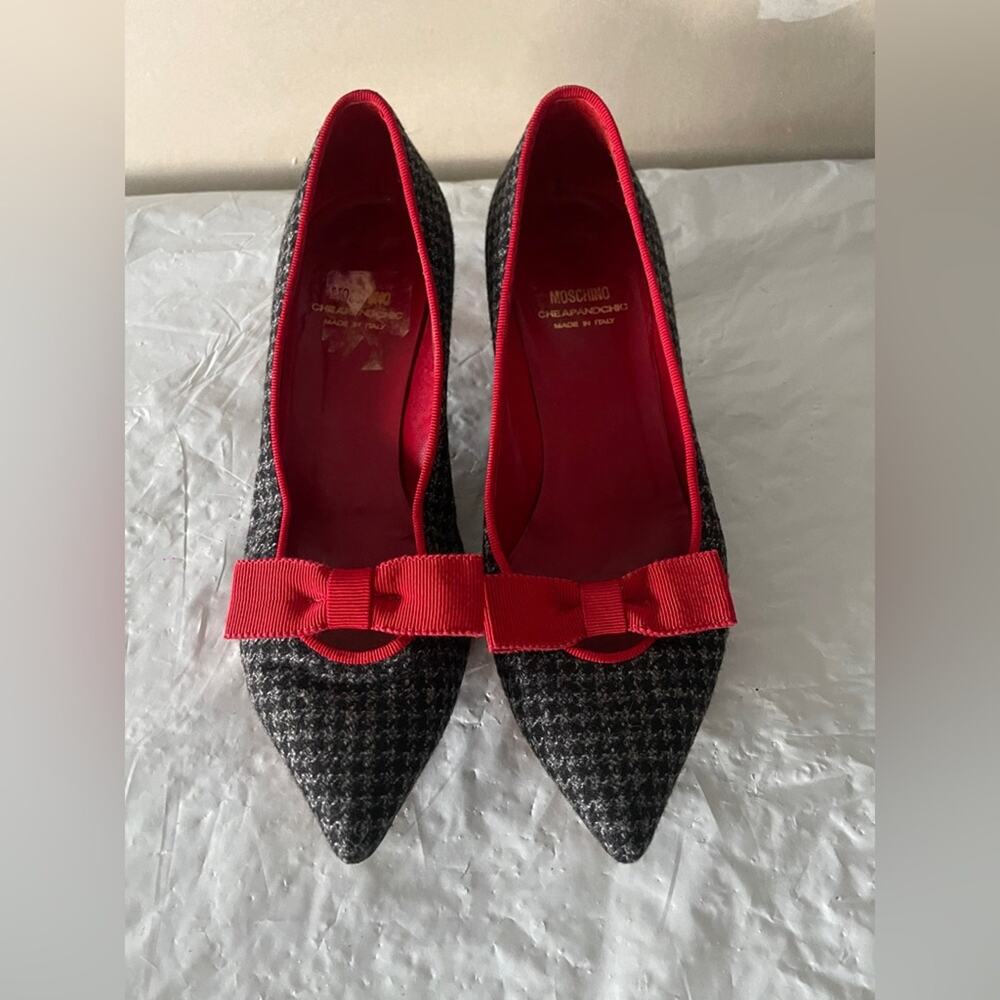 Moschino Black and Red Houndstooth Heels with Bow